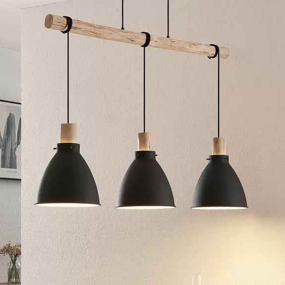 Lampenwelt Lindby Hängeleuchte Trebale, 3-flammig, E27, Eisen, Holz Kostenloser Versand international
