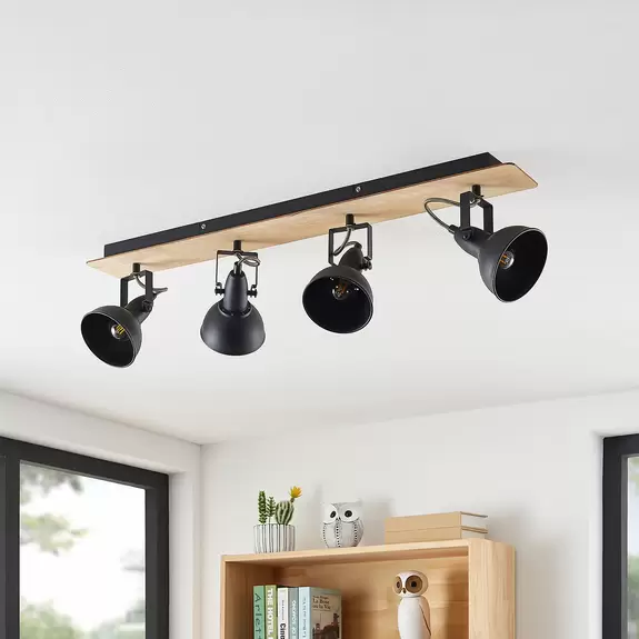 Lampenwelt Lindby Aylis Deckenlampe, 4-flg., 82 cm, schwarz, Holz, E14 Fabrikladen