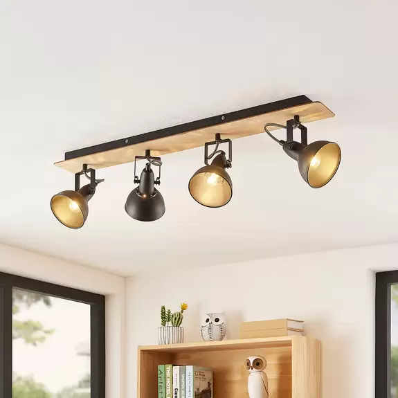 Lampenwelt Lindby Aylis Deckenlampe, 4-flg., 82 cm, schwarz, Holz, E14 Fabrikladen