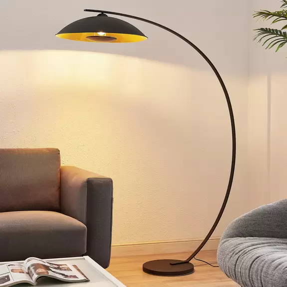 Lampenwelt Lindby Bogenstehlampe Emilienne, schwarz, goldfarben, 180 cm Günstig kaufen