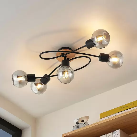 Lampenwelt Lindby Eridia Deckenleuchte, Holz, 5-fl., lang Sonderangebote