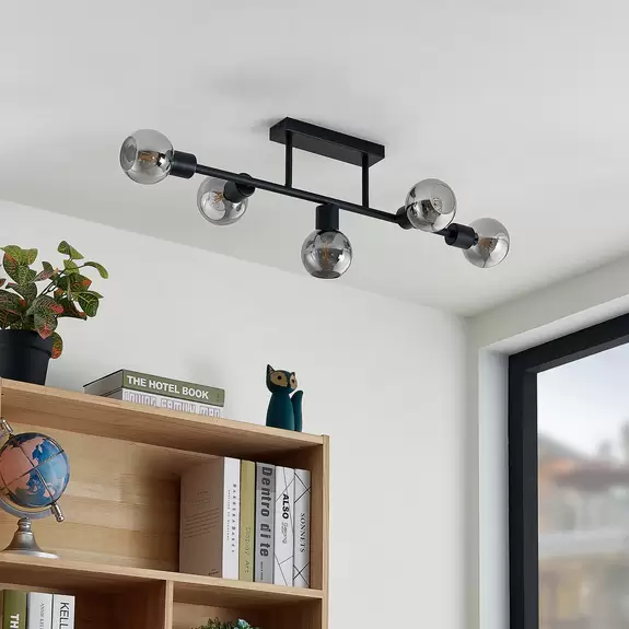 Lampenwelt Lindby Deckenlampe Biscala, 5-flg., schwarz/rauch Schlussverkauf