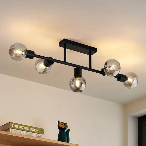Lampenwelt Lindby Deckenlampe Biscala, 5-flg., schwarz/rauch Schlussverkauf