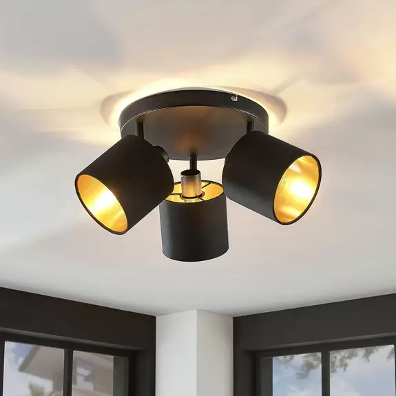 Lampenwelt Stoff-Deckenlampe Vasilia in Schwarz-Gold, 3-fl Versandkostenfrei