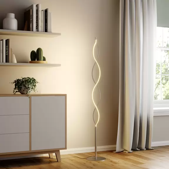 Lampenwelt Lindby LED-Stehlampe Auron, nickelfarben, Metall, Tastdimmer Lagerräumung