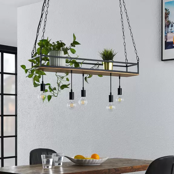 Lampenwelt Lindby Pendelleuchte Kirista, 5-flg., schwarz, Holz, 100 cm Tiefpreis