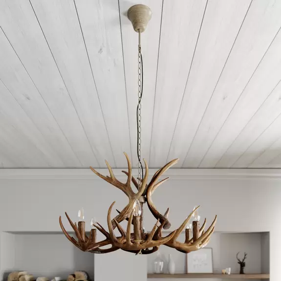 Lampenwelt Lindby Hängeleuchte Fibi, Stahl, braun, Geweih, Ø 80 cm Fabrik Onlineshop