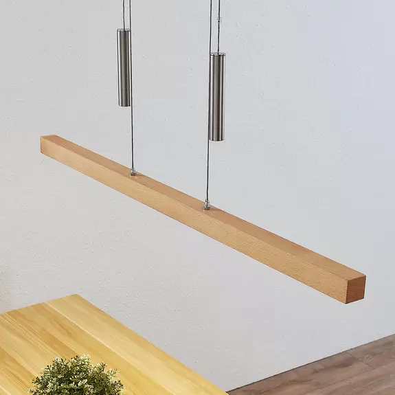 Lampenwelt Lucande LED-Pendelleuchte Pia, Buchenholz, 100 cm lang Letzte 3 Tage