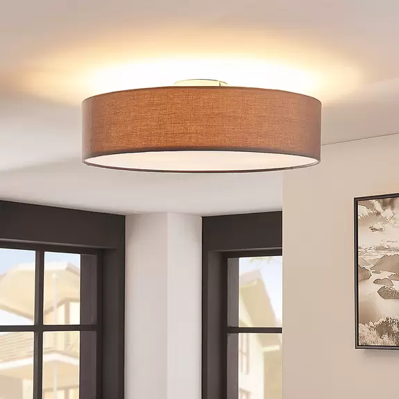 Lampenwelt Lindby Deckenleuchte Sebatin, Ø 50 cm, grau, Stoff, E27 Discount Store für neue Produkte