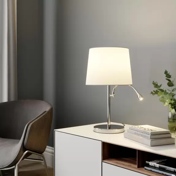 Lampenwelt Stoff-Tischleuchte Benjiro mit LED-Leselampe 50% Rabatt mit kostenlosem Versand