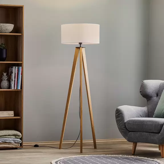 Lampenwelt Stehlampe Maira, Dreibein, Eiche geölt, weiß Rabatt