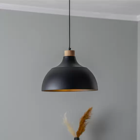 Lampenwelt Envostar Hängeleuchte Kaitt, Holzdetail, Ø 34 cm, schwarz Tiefpreis