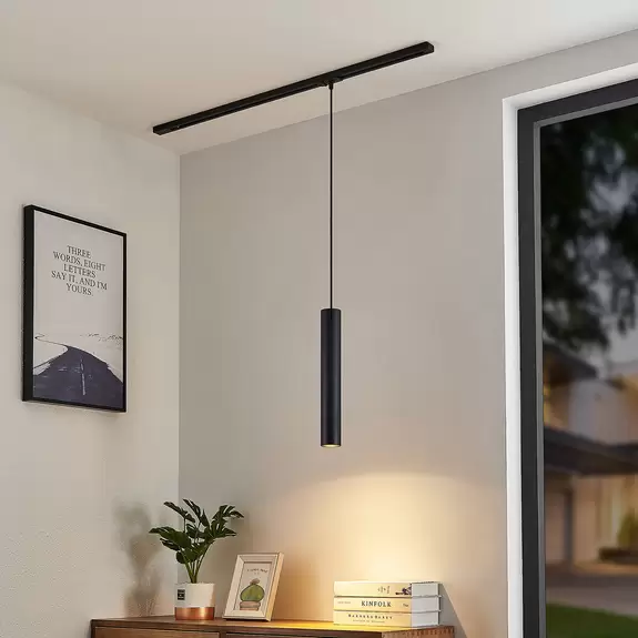 Lampenwelt Lindby Pendellampe Linaro, 40 cm, schwarz, 1-Phasen, Ø 6 cm Fabrikverkauf