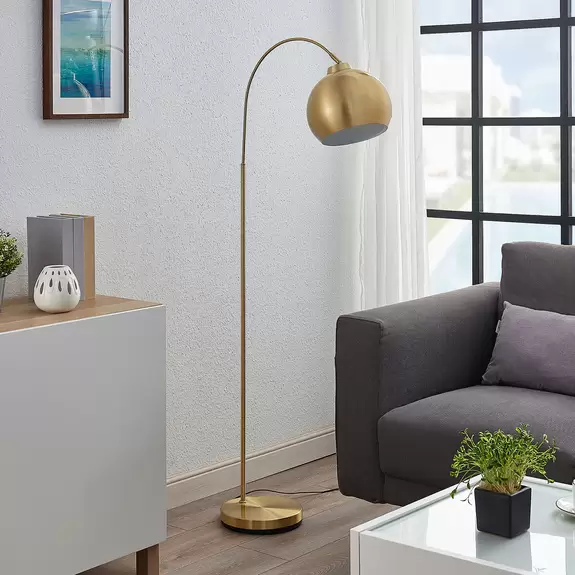 Lampenwelt Lindby Bogenstehlampe Moisia, messingfarben, Eisen, 148 cm Meist gekauft