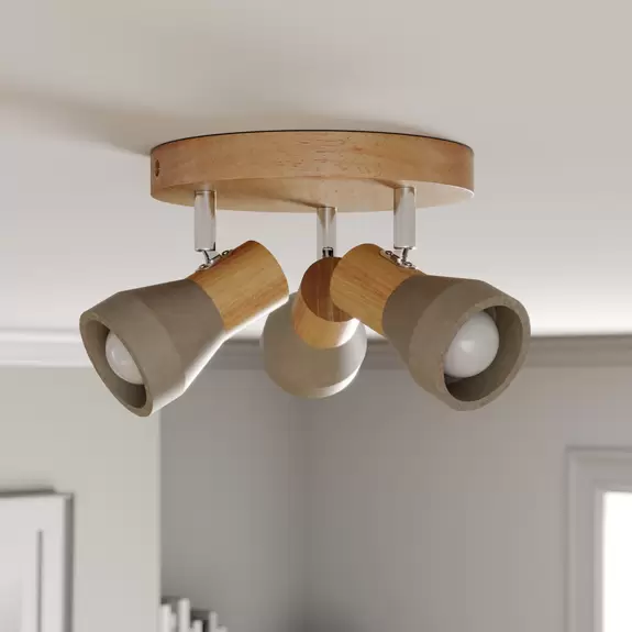 Lampenwelt Lindby Strahler Filiz, 3-flg., rund, Ø 20 cm, Holz, Beton Vatertagsangebot