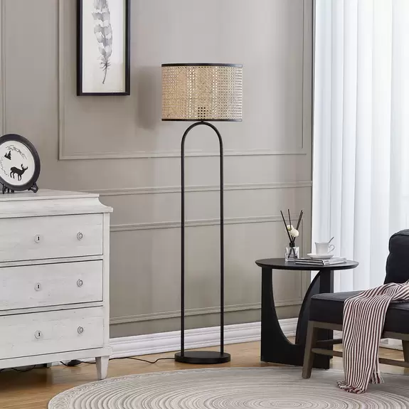 Lampenwelt Lindby Stehleuchte Yaelle, 146 cm hoch, Rattan, schwarz, E27 Große Rabatte