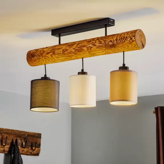 Lampenwelt Deckenlampe Sachiko, Holzbalken, drei Stoffschirme Fabrik Onlineshop