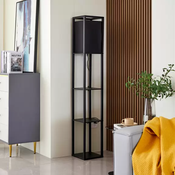Lampenwelt Lindby Birta Stehleuchte mit Ablage, Holz, schwarz Zeitlich begrenztes Angebot