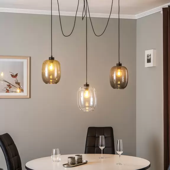 Lampenwelt Hängeleuchte Elio, Glas, braun/klar/grau, 3-flg., dezentral Bis zu 65% Rabatt
