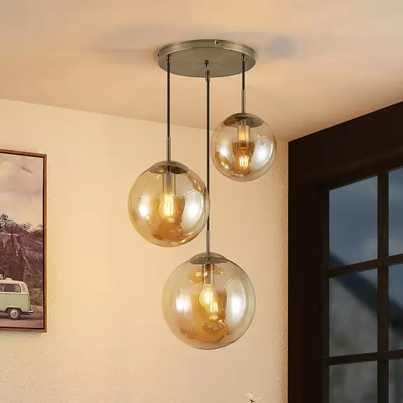 Lampenwelt Lindby Teeja Hängelampe, 3 Glaskugeln, amber Super Rabatt