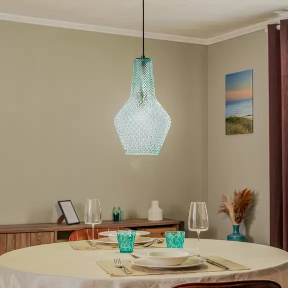 Lampenwelt Lindby Hängeleuchte Drakar, 1-flg., hellblau, Glas, Ø 25 cm Rabatte dieses Monats