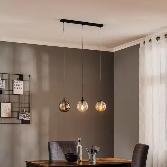 Lampenwelt Hängeleuchte Glassy, 3-flg., gerade, grafit/amber/klar, Glas Lagerräumung