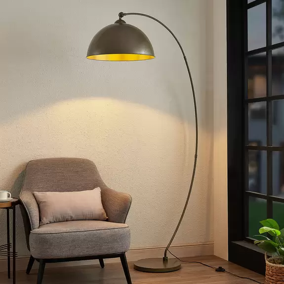 Lampenwelt Lindby Bogenstehlampe Jonera, Fußschalter, dunkelgrau, Stahl Fabrik Onlineshop