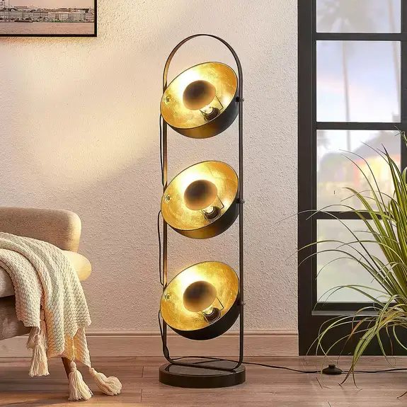 Lampenwelt Stehlampe Muriel 3-fl. schwarz/gold Fabrikpreis