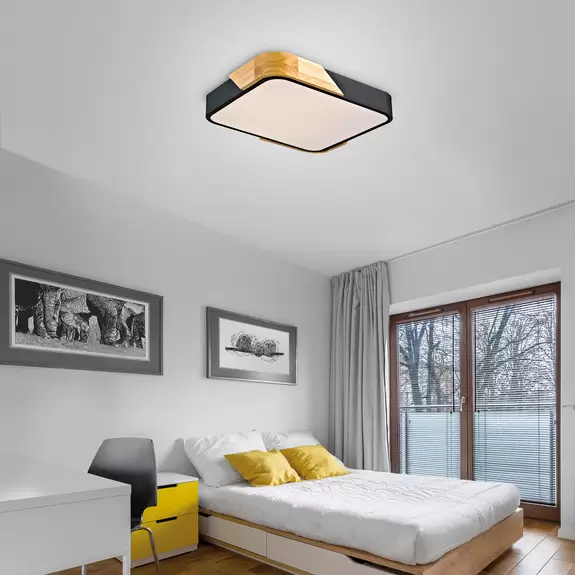 Lampenwelt JUST LIGHT. LED-Deckenleuchte Bila, schwarz, 32x32 cm, Holz Begrenzt auf 3 Tage