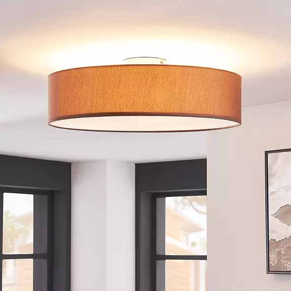 Lampenwelt Lindby Deckenleuchte Sebatin, Ø 50 cm, hellbraun, Stoff, E27 Riesige Rabatte