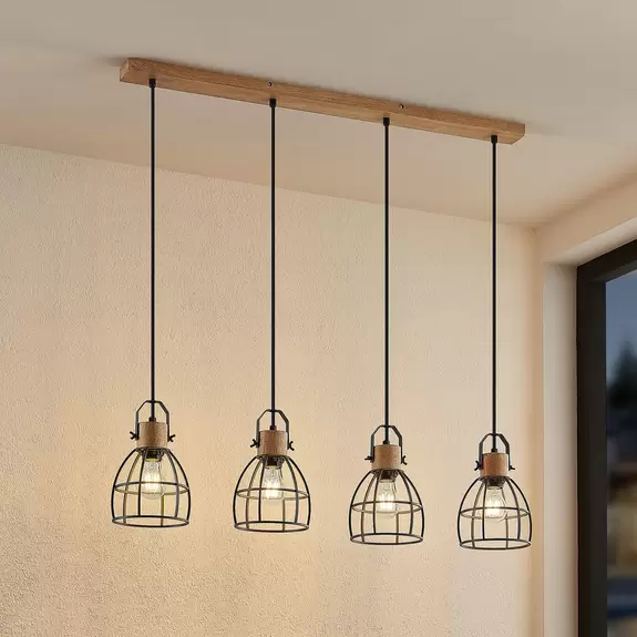 Lampenwelt Lindby Flintos Pendellampe, 4-flammig, holz hell Im Verkauf