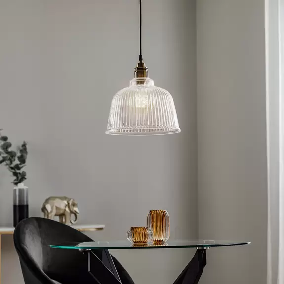 Lampenwelt Hängeleuchte Leana, Glas klar, 1-flg., altmessing Räumungsverkauf