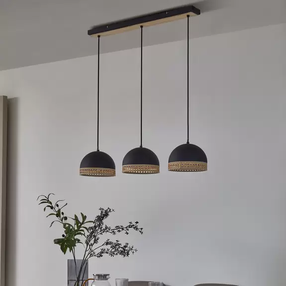 Lampenwelt Lindby Lonnaris Hängelampe, Rattan, schwarz, 3-fl Fabrikverkauf